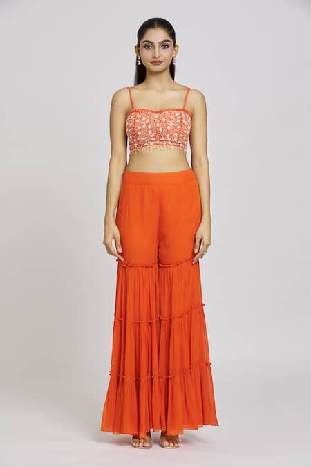 Buy Nitisha Kashyap Official Orange Silk, Net, Georgette Beads, Tassels Embroidered Long Cape Gharara Set Buy_Nitisha Kashyap Official_Orange Silk, Net, Georgette Beads, Tassels Embroidered Long Cape Gharara Set