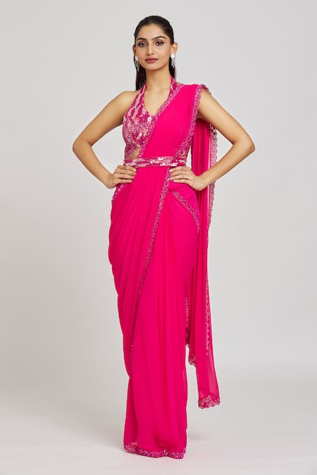 Nitisha Kashyap Official Pink Silk, Georgette, Organza Sequins, Cutwork Embroidered Saree With Blouse