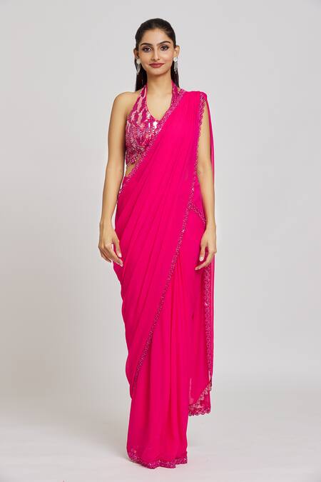 Nitisha Kashyap Official_Pink Silk, Georgette, Organza Sequins, Cutwork Embroidered Saree With Blouse _Online_at_Aza_Fashions
