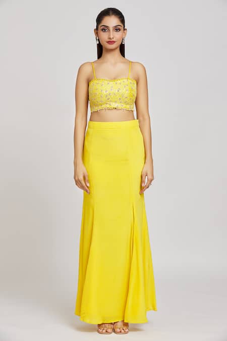 Nitisha Kashyap Official_Yellow Silk, Crepe Sequins, Mirrors, Beads Resham And Embroidered Cape Skirt Set _Online_at_Aza_Fashions