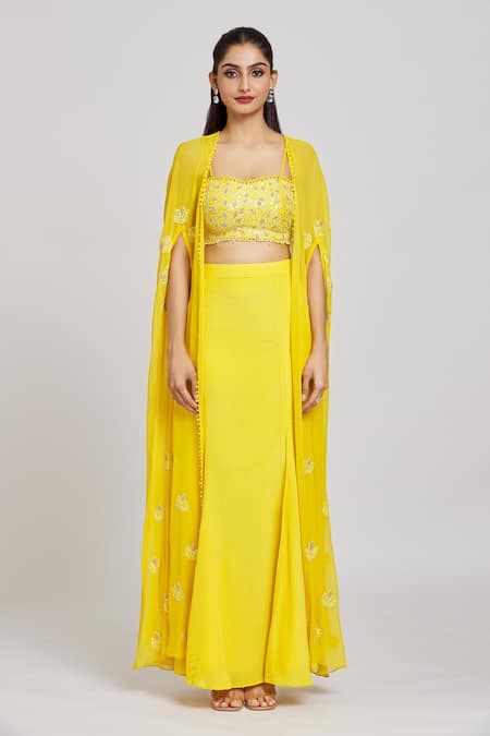 Buy_Nitisha Kashyap Official_Yellow Silk, Crepe Sequins, Mirrors, Beads Resham And Embroidered Cape Skirt Set _Online_at_Aza_Fashions
