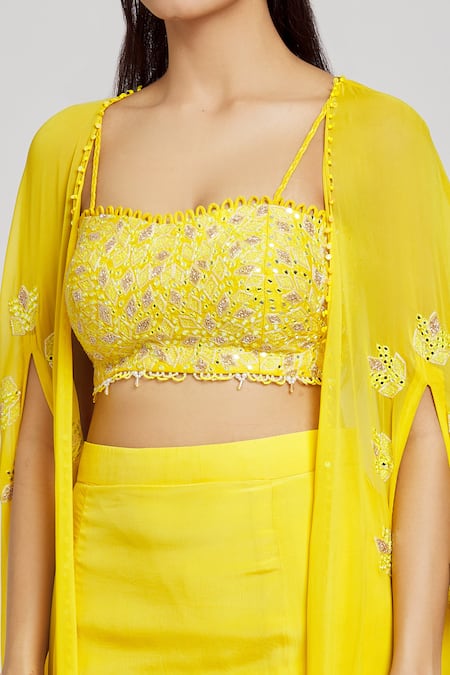 Shop_Nitisha Kashyap Official_Yellow Silk, Crepe Sequins, Mirrors, Beads Resham And Embroidered Cape Skirt Set _Online_at_Aza_Fashions