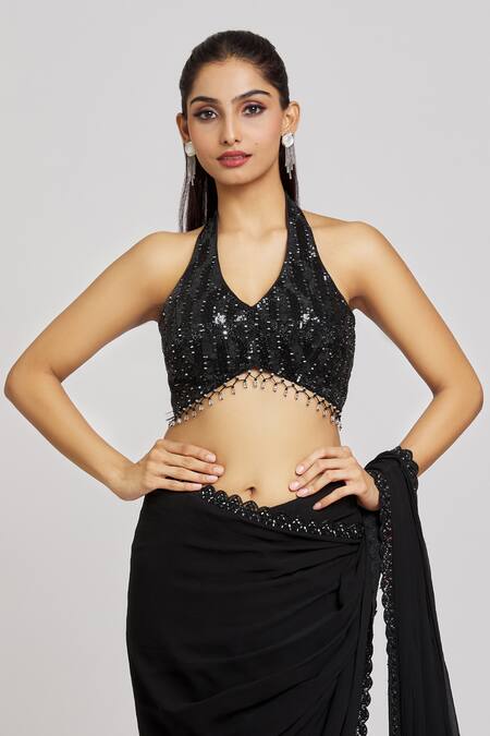Nitisha Kashyap Official_Black Silk, Net, Georgette Embroidered Border Pre-draped Saree With Blouse _Online_at_Aza_Fashions