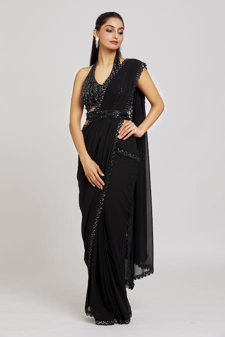 Buy_Nitisha Kashyap Official_Black Silk, Net, Georgette Embroidered Border Pre-draped Saree With Blouse _Online_at_Aza_Fashions