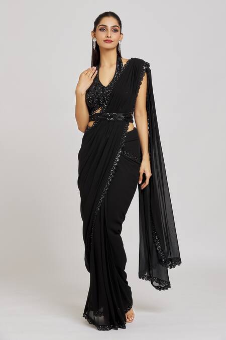 Shop_Nitisha Kashyap Official_Black Silk, Net, Georgette Embroidered Border Pre-draped Saree With Blouse _Online_at_Aza_Fashions
