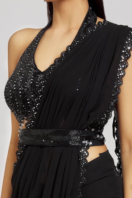 Nitisha Kashyap Official_Black Silk, Net, Georgette Embroidered Border Pre-draped Saree With Blouse _at_Aza_Fashions