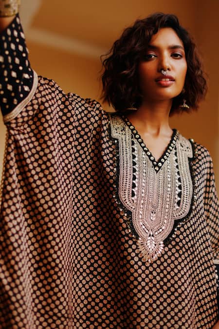 Shop_Avacara_Black Cotton Silk Hand Block Print Abstract V Neck Kaftan With Pant _Online_at_Aza_Fashions