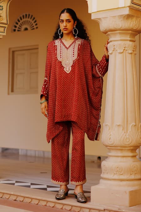 Avacara Cotton Silk Marodi Work Kaftan With Pant 