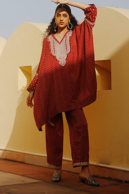 Avacara_Red Cotton Silk Hand Block Print Abstract Marodi Work Kaftan With Pant  _Online_at_Aza_Fashions