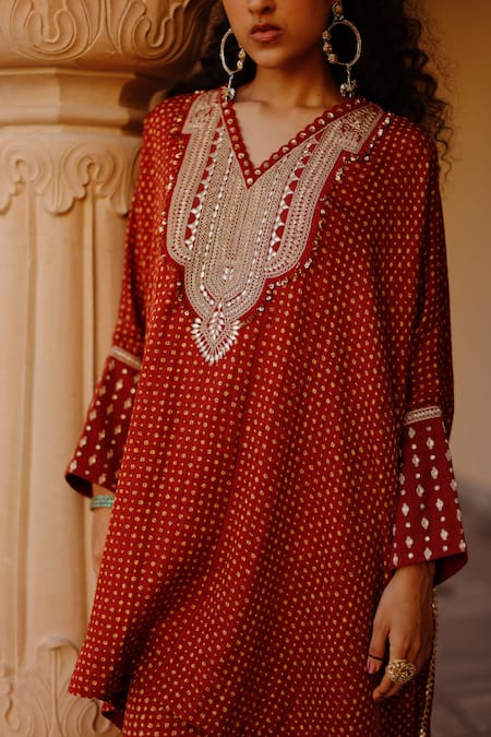 Shop_Avacara_Red Cotton Silk Hand Block Print Abstract Marodi Work Kaftan With Pant  _Online_at_Aza_Fashions