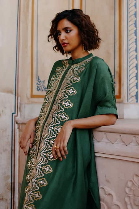 Shop_Avacara_Green Silk Gota Patti Round Neck Geometric Embroidered Kaftan With Pant _Online_at_Aza_Fashions
