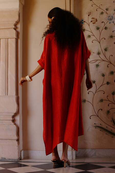 Shop_Avacara_Orange Chanderi Gota Patti Collared Embroidered Kaftan _at_Aza_Fashions
