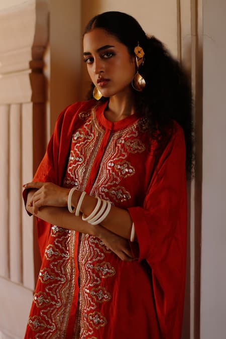 Avacara_Orange Chanderi Gota Patti Collared Embroidered Kaftan _at_Aza_Fashions