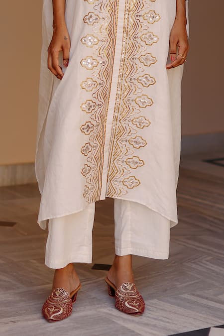 Avacara_White Silk Gota Patti Round Neck Embroidered Panel Kaftan With Pant _Online_at_Aza_Fashions