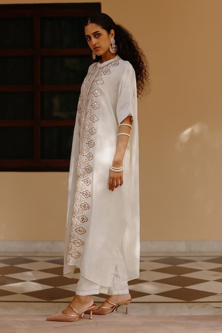 Avacara_White Silk Gota Patti Round Neck Embroidered Panel Kaftan With Pant _at_Aza_Fashions