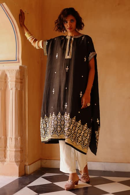 Avacara_Black Silk Embroidery Gota Round Neck Kaftan Pant Set  _Online_at_Aza_Fashions