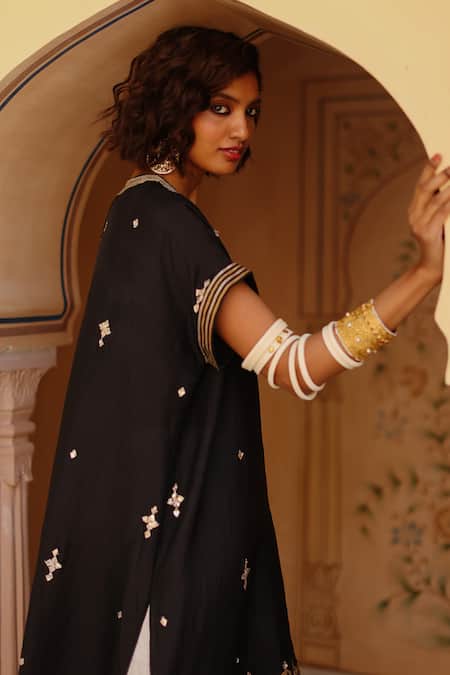 Buy_Avacara_Black Silk Embroidery Gota Round Neck Kaftan Pant Set  _Online_at_Aza_Fashions