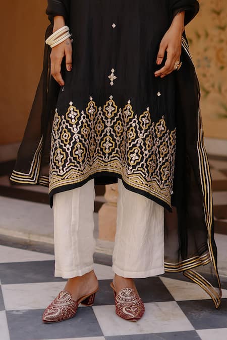 Shop_Avacara_Black Silk Embroidery Gota Round Neck Kaftan Pant Set  _Online_at_Aza_Fashions