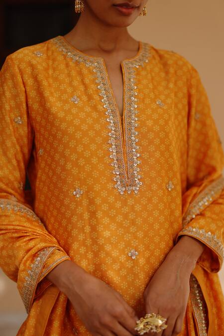 Avacara Yellow Chanderi Print Hand Block Notched Neck Straight Kurta Pant Set Online at Aza Fashions Avacara_Yellow Chanderi Print Hand Block Notched Neck Straight Kurta Pant Set _Online_at_Aza_Fashions