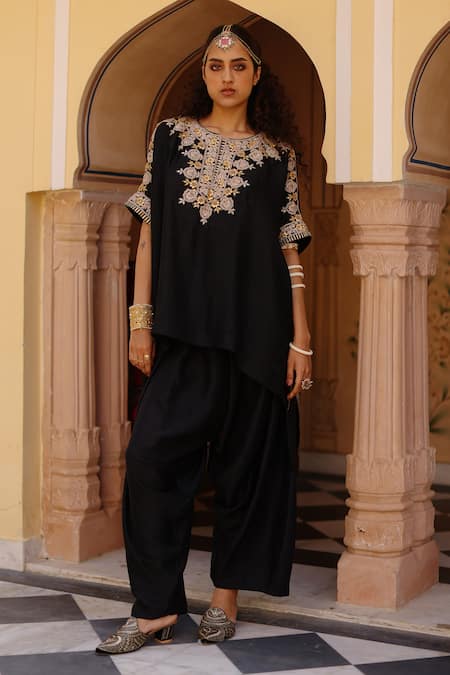 AVACARA Black Silk Embroidery Marodi Notched Neck Yoke Kaftan With Dhoti Pant  