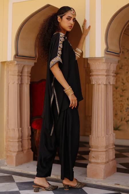 Shop Avacara Black Silk Embroidery Marodi Notched Neck Yoke Kaftan With Dhoti Pant at Aza Fashions Shop_Avacara_Black Silk Embroidery Marodi Notched Neck Yoke Kaftan With Dhoti Pant _at_Aza_Fashions