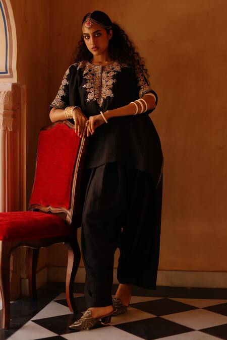 Avacara Black Silk Embroidery Marodi Notched Neck Yoke Kaftan With Dhoti Pant Online at Aza Fashions Avacara_Black Silk Embroidery Marodi Notched Neck Yoke Kaftan With Dhoti Pant _Online_at_Aza_Fashions