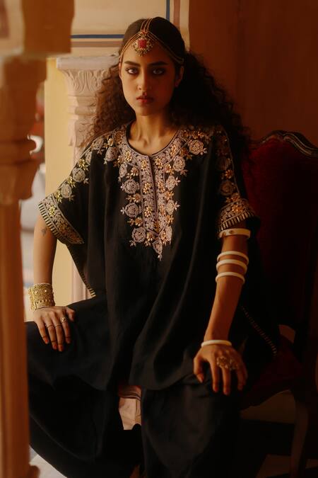 Shop_Avacara_Black Silk Embroidery Marodi Notched Neck Yoke Kaftan With Dhoti Pant _Online_at_Aza_Fashions