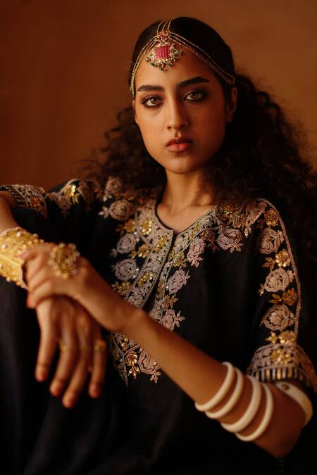 Avacara_Black Silk Embroidery Marodi Notched Neck Yoke Kaftan With Dhoti Pant _at_Aza_Fashions