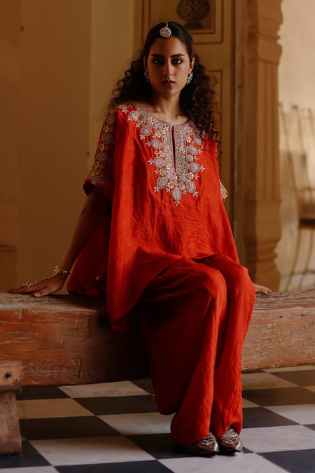 Shop Avacara Orange Silk Embroidery Marodi Notched Neck Work Kaftan With Dhoti Pant at Aza Fashions Shop_Avacara_Orange Silk Embroidery Marodi Notched Neck Work Kaftan With Dhoti Pant _at_Aza_Fashions