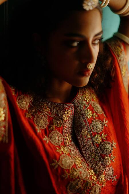 Avacara Orange Silk Embroidery Marodi Notched Neck Work Kaftan With Dhoti Pant Online at Aza Fashions Avacara_Orange Silk Embroidery Marodi Notched Neck Work Kaftan With Dhoti Pant _Online_at_Aza_Fashions