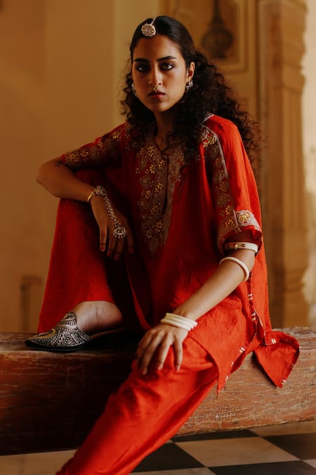 Buy Avacara Orange Silk Embroidery Marodi Notched Neck Work Kaftan With Dhoti Pant Online at Aza Fashions Buy_Avacara_Orange Silk Embroidery Marodi Notched Neck Work Kaftan With Dhoti Pant _Online_at_Aza_Fashions