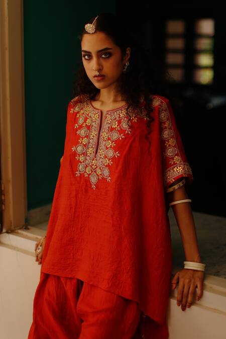 Shop_Avacara_Orange Silk Embroidery Marodi Notched Neck Work Kaftan With Dhoti Pant _Online_at_Aza_Fashions