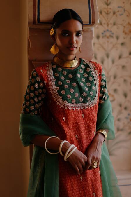 Avacara_Orange Silk, Organza, Chanderi Embroidery Hand Block Print Kurta Churidar Set _Online_at_Aza_Fashions