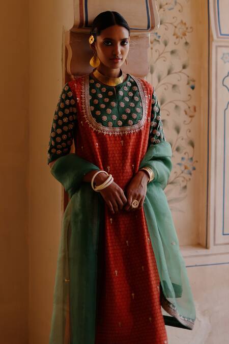 Buy_Avacara_Orange Silk, Organza, Chanderi Embroidery Hand Block Print Kurta Churidar Set _Online_at_Aza_Fashions