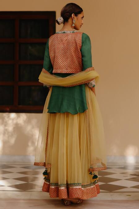 Shop Avacara Green Silk, Net Gota Patti Round Neck Peplum Kurta And Skirt Set With Work Bib at Aza Fashions Shop_Avacara_Green Silk, Net Gota Patti Round Neck Peplum Kurta And Skirt Set With Work Bib_at_Aza_Fashions