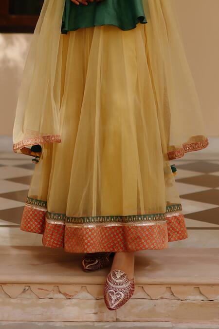 Avacara Green Silk, Net Gota Patti Round Neck Peplum Kurta And Skirt Set With Work Bib Online at Aza Fashions Avacara_Green Silk, Net Gota Patti Round Neck Peplum Kurta And Skirt Set With Work Bib_Online_at_Aza_Fashions