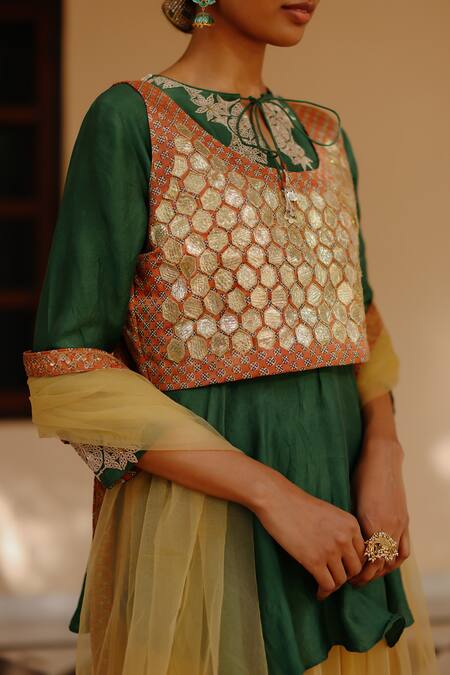 Buy Avacara Green Silk, Net Gota Patti Round Neck Peplum Kurta And Skirt Set With Work Bib Online at Aza Fashions Buy_Avacara_Green Silk, Net Gota Patti Round Neck Peplum Kurta And Skirt Set With Work Bib_Online_at_Aza_Fashions