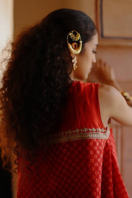 Buy Avacara Orange Chanderi Print Hand Block Round Neck Butti Kurta With Pant Online at Aza Fashions Buy_Avacara_Orange Chanderi Print Hand Block Round Neck Butti Kurta With Pant _Online_at_Aza_Fashions