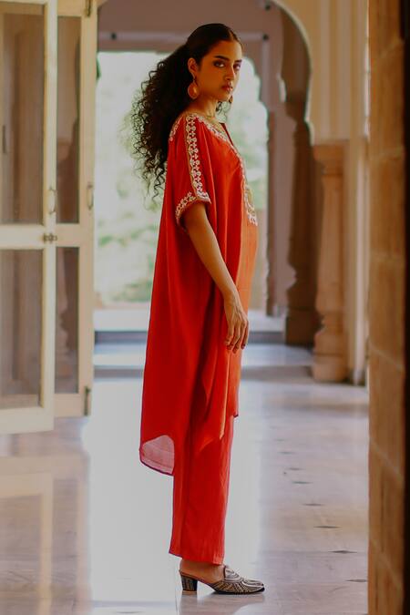 Shop Avacara Orange Silk Embroidery Marodi Notched Neck Work Yoke Kaftan With Pant Online at Aza Fashions Shop_Avacara_Orange Silk Embroidery Marodi Notched Neck Work Yoke Kaftan With Pant _Online_at_Aza_Fashions