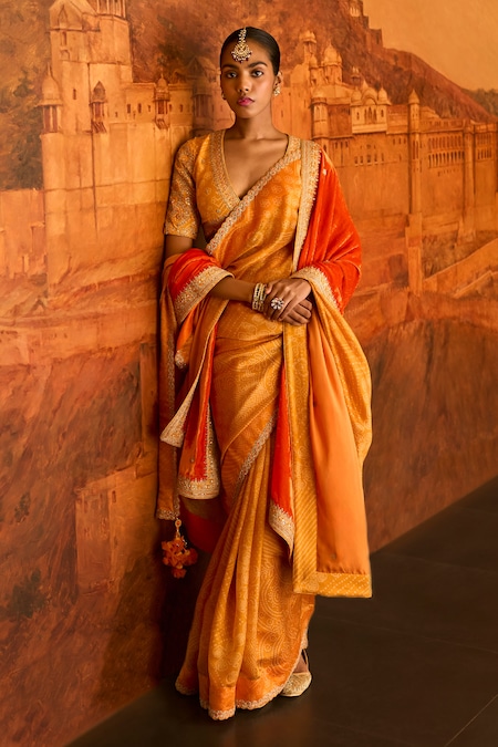 Buy Suta Women Orange Printed Muga Silk Saree Blouse online