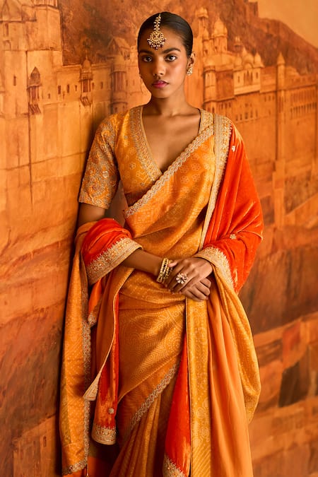Punit Balana_Yellow Silk, Organza Tassels, Embroidery V-neck Bandhani Print Saree With Blouse _Online_at_Aza_Fashions