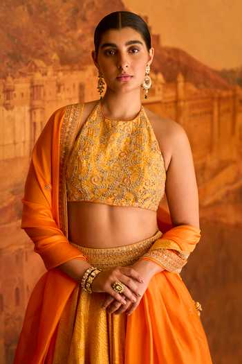 Buy Punit Balana Yellow Chanderi Silk, Organza Embroidery Kasundi Bandhani Print Lehenga Set Online at Aza Fashions Buy_Punit Balana_Yellow Chanderi Silk, Organza Embroidery Kasundi Bandhani Print Lehenga Set _Online_at_Aza_Fashions