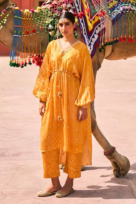 Punit Balana_Yellow Satin, Silk Embroidery V-neck Bandhani Print Kaftan With Pant _Online_at_Aza_Fashions
