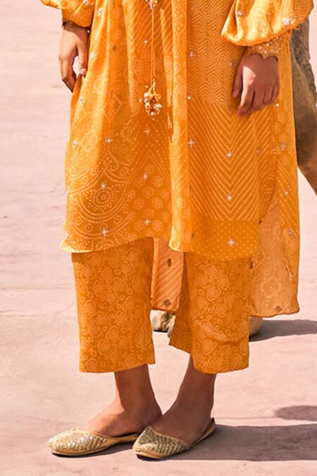 Buy_Punit Balana_Yellow Satin, Silk Embroidery V-neck Bandhani Print Kaftan With Pant _Online_at_Aza_Fashions
