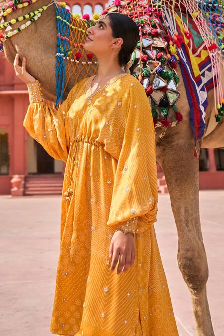 Punit Balana_Yellow Satin, Silk Embroidery V-neck Bandhani Print Kaftan With Pant _at_Aza_Fashions