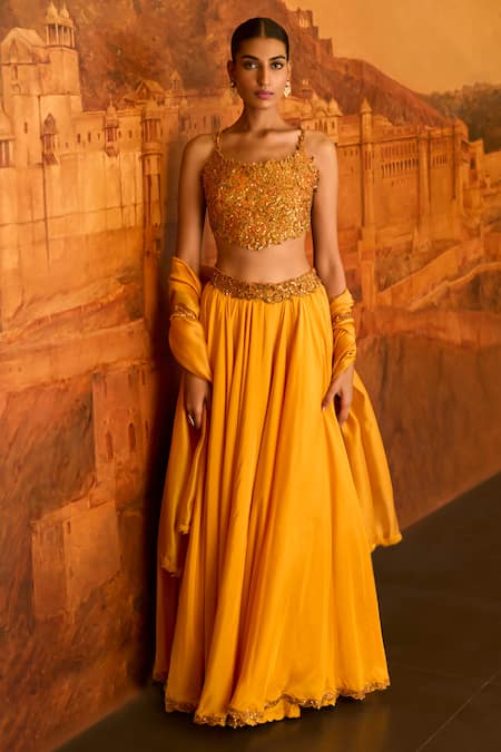 PUNIT BALANA Yellow Chanderi Silk Embroidery Resham Scoop Flora And Fauna Blouse Lehenga Set  2