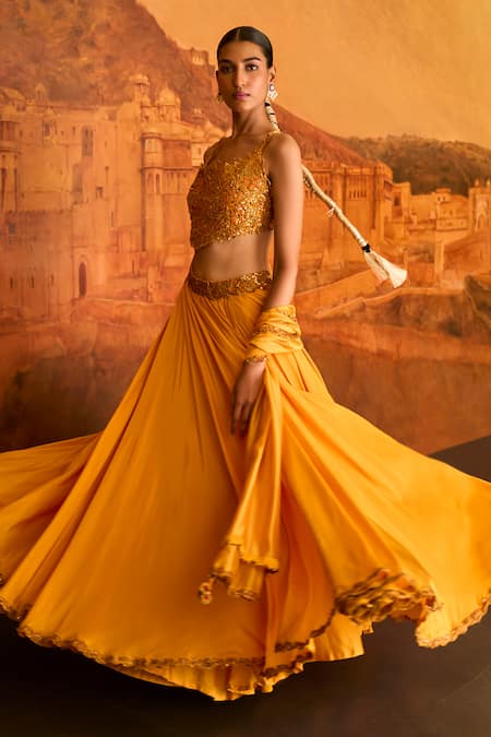 PUNIT BALANA Yellow Chanderi Silk Embroidery Resham Scoop Flora And Fauna Blouse Lehenga Set  4