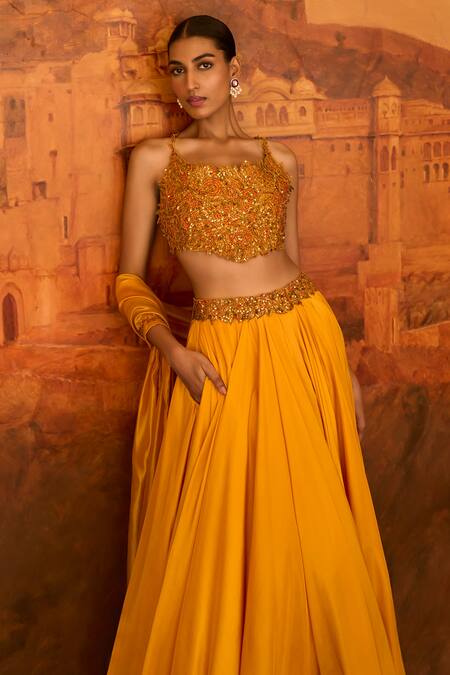 PUNIT BALANA Yellow Chanderi Silk Embroidery Resham Scoop Flora And Fauna Blouse Lehenga Set  5