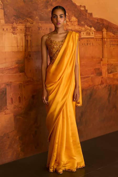 Shop Punit Balana Yellow Chanderi Silk, Organza Embroidery Scoop Neck Saree With Resham Blouse at Aza Fashions Shop_Punit Balana_Yellow Chanderi Silk, Organza Embroidery Scoop Neck Saree With Resham Blouse _at_Aza_Fashions