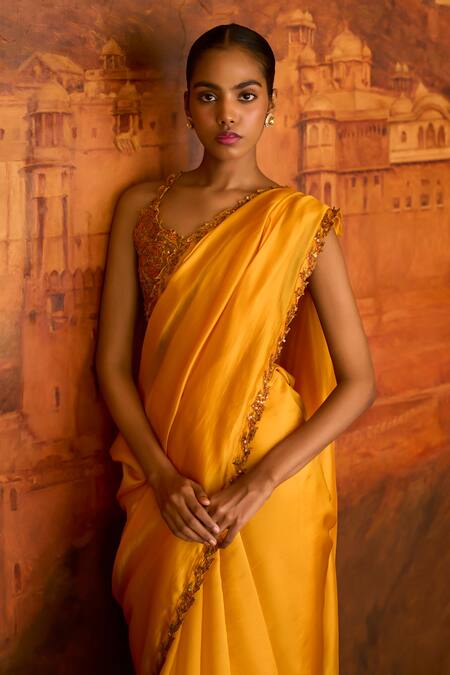Punit Balana Yellow Chanderi Silk, Organza Embroidery Scoop Neck Saree With Resham Blouse Online at Aza Fashions Punit Balana_Yellow Chanderi Silk, Organza Embroidery Scoop Neck Saree With Resham Blouse _Online_at_Aza_Fashions